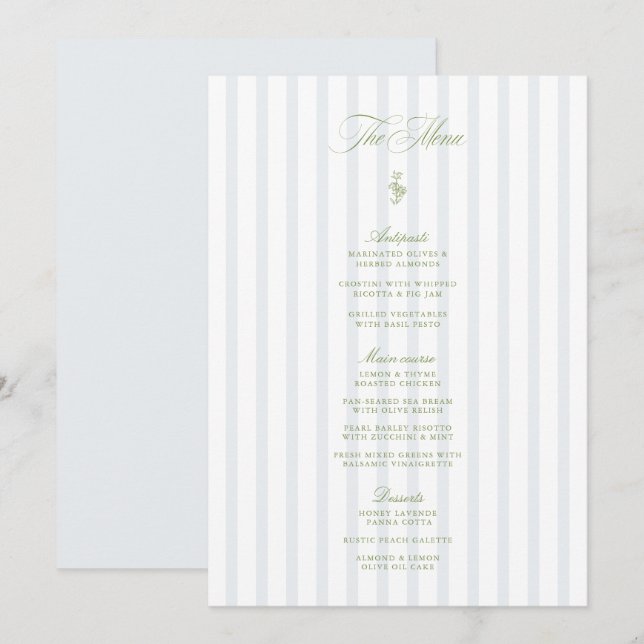 Elegant Sage Green & Blue Striped Wedding Menu Einladung (Vorne/Hinten)