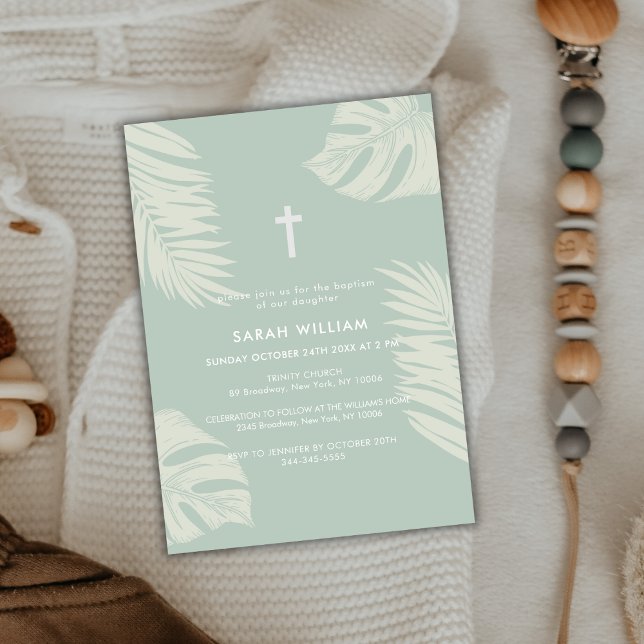 Elegant Sage Green Boho Blätter überqueren Taufe Einladung (Elegant Sage Green Boho Leave Gold Cross Baptism Invitation)
