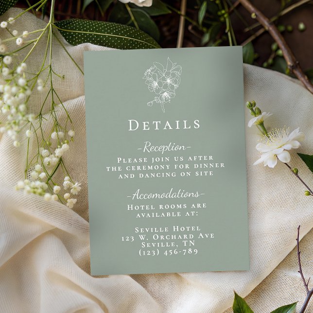Elegant Sage Green Botanical Wedding Details Begleitkarte (Elegant Sage Green Botanical Wedding Details Enclosure Card)