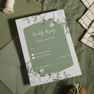 Elegant Sage Green Botanical White Floral Wedding RSVP Karte