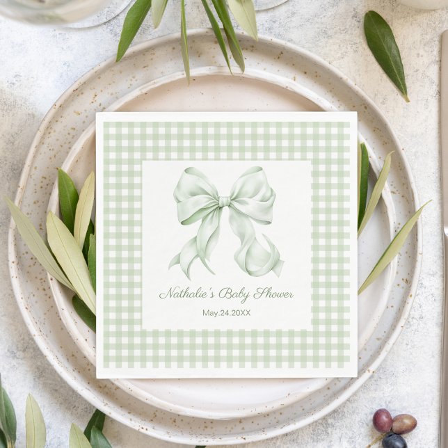 Elegant Sage Green Bow Gingham Baby Shower Serviette (Von Creator hochgeladen)