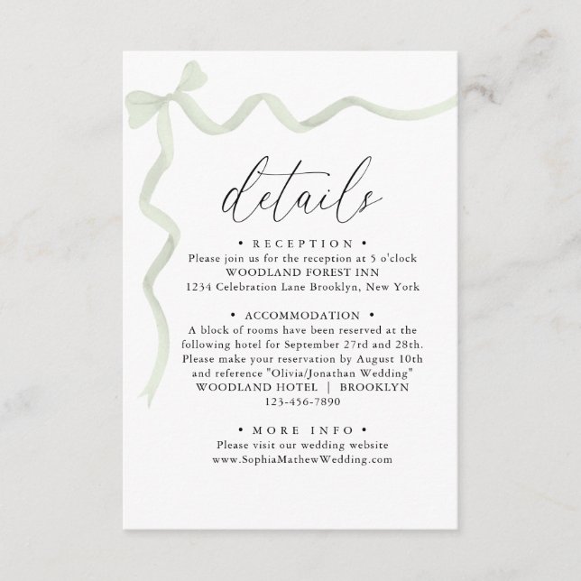 Elegant Sage Green Bow Monogram Wedding Details Begleitkarte (Vorderseite)