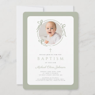 Elegant Sage Green Bow Photo Boy Baptism Einladung