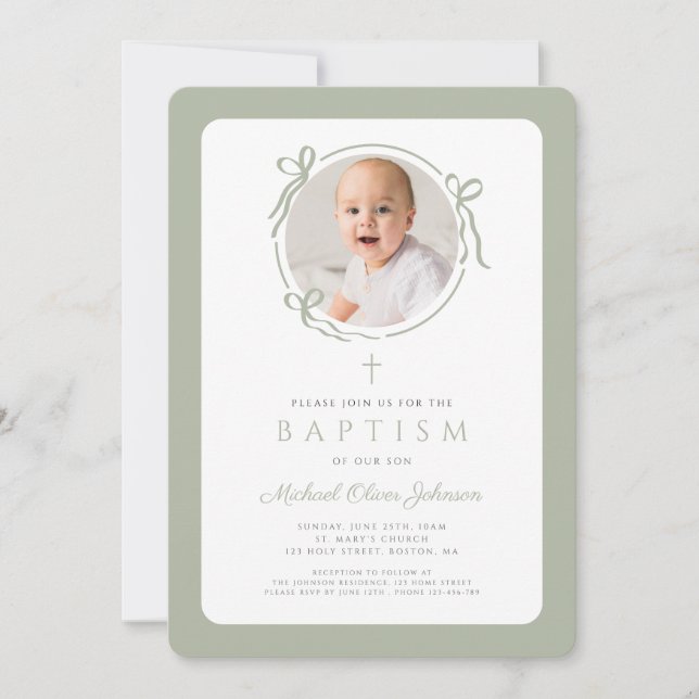 Elegant Sage Green Bow Photo Boy Baptism Einladung (Vorderseite)