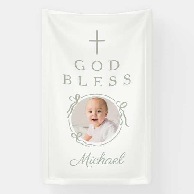 Elegant Sage Green Boy God Bless Photo Banner (Vertikal)