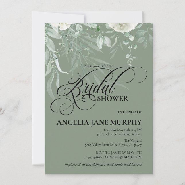 Elegant Sage Green Bridal Shower Invitation Einladung (Vorderseite)