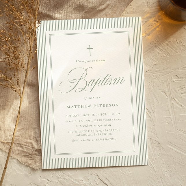 Elegant Sage Green Calligraphy Baptism Einladung (Von Creator hochgeladen)