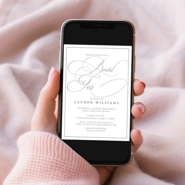 Elegant Sage Green Calligraphy Formal Bridal Tee Einladung (Von Creator hochgeladen)