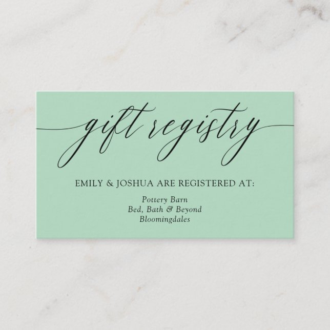 Elegant Sage Green Calligraphy Gift Registry Enclo Begleitkarte (Vorderseite)