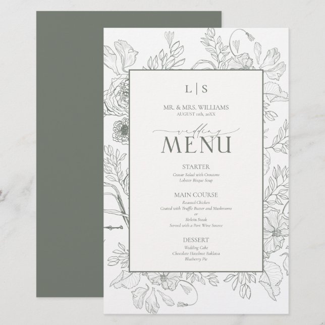 Elegant Sage Green Calligraphy Monogram Menu Card (Vorne/Hinten)