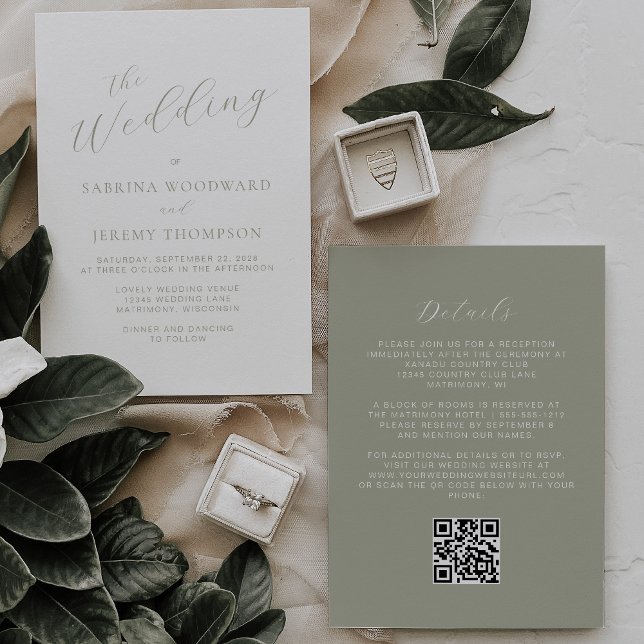 Elegant Sage Green Calligraphy QR Code Hochzeit Einladung (Von Creator hochgeladen)