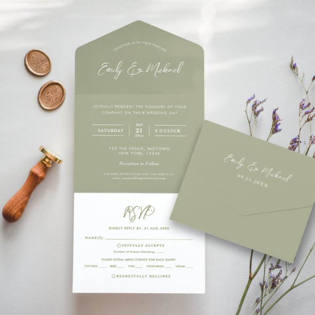 Elegant Sage Green Calligraphy Wedding All In One Einladung (Von Creator hochgeladen)