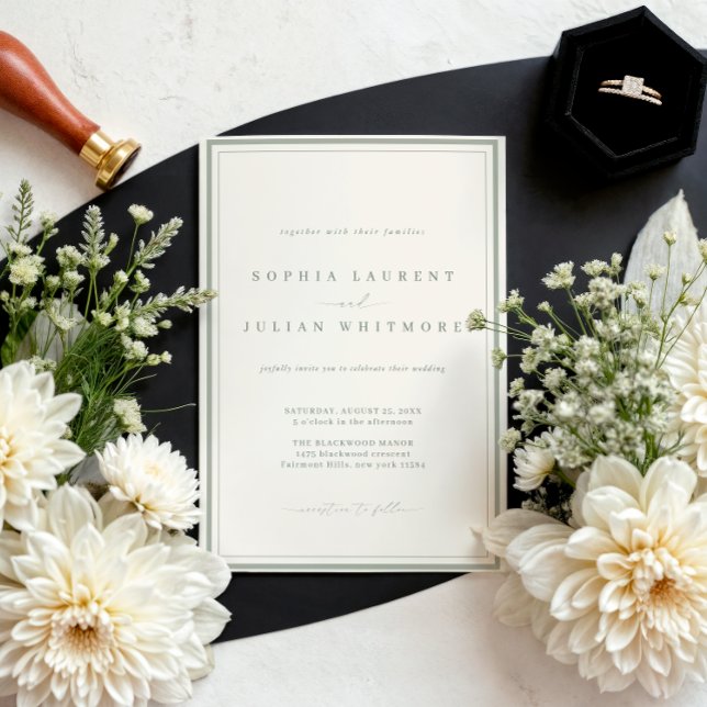 Elegant Sage Green Classic Border Wedding Einladung (Von Creator hochgeladen)