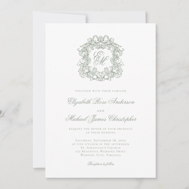Elegant Sage Green Crest Monogram Wedding Einladung (Vorderseite)