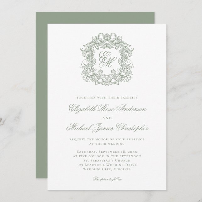 Elegant Sage Green Crest Monogram Wedding Einladung (Vorne/Hinten)