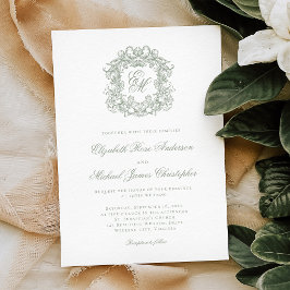 Elegant Sage Green Crest Monogram Wedding Einladung