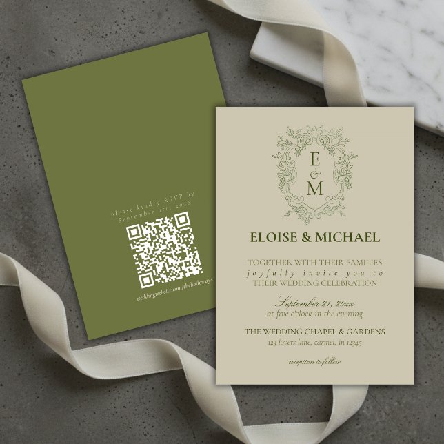 Elegant Sage Green Crest Monogram Wedding Einladung (Elegant Sage Green Crest Monogram Wedding Invitation)