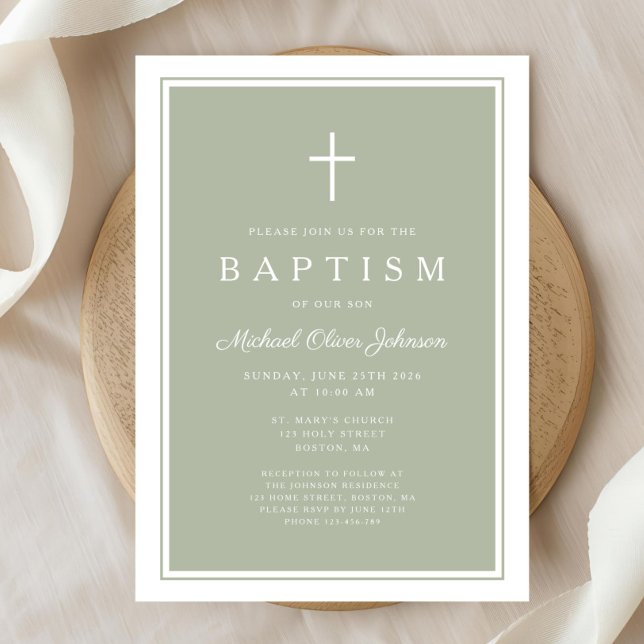 Elegant Sage Green Cross Baby Boy Baptism Einladung (Elegant Sage Green Cross Baby Boy Baptism Invitation)