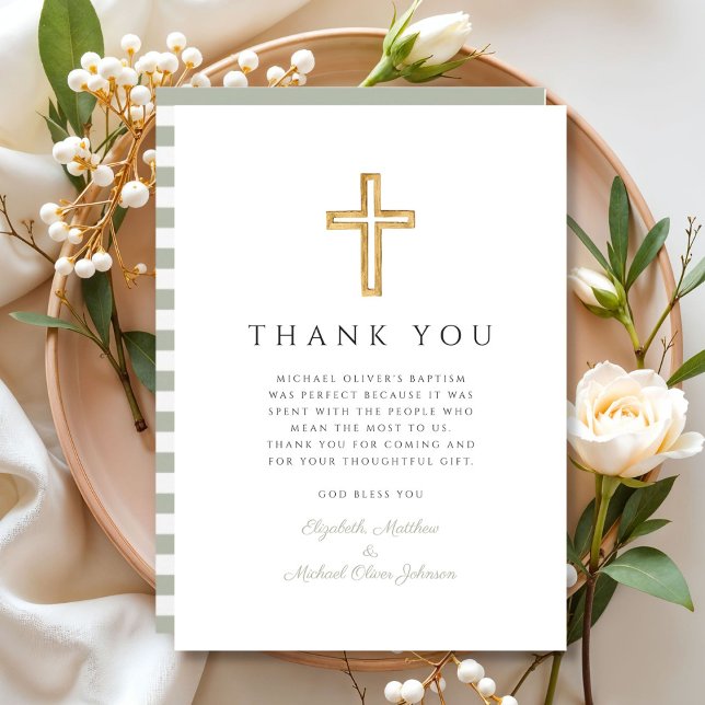 Elegant Sage Green Cross Baptisse Dankeskarte (Elegant Sage Green Cross Baptism Thank You Card)