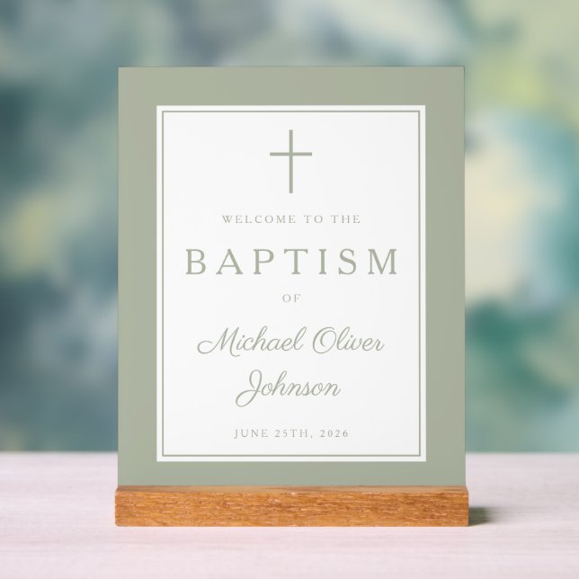 Elegant Sage Green Cross Boy Baptism Welcome Acrylschild (Neutral)