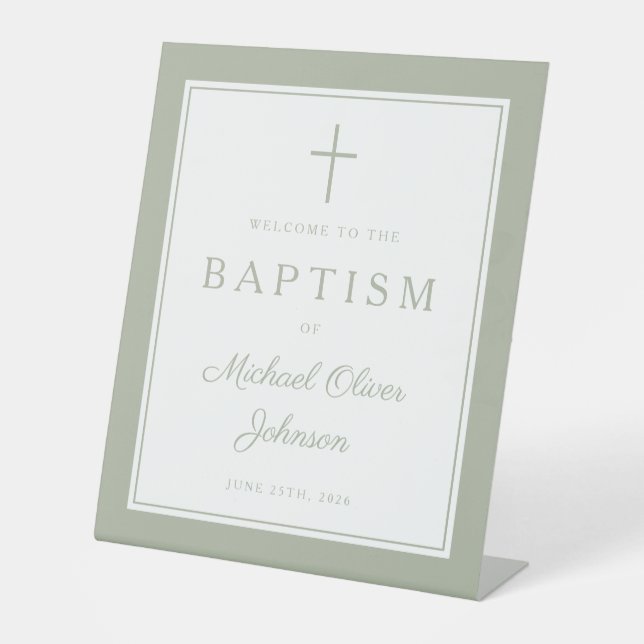 Elegant Sage Green Cross Boy Baptism Welcome Sockelschild (Vorderseite)