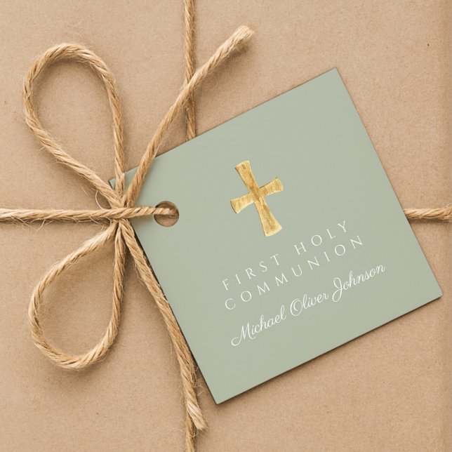 Elegant Sage Green Cross Erste Kommune Geschenkanhänger (Elegant Sage Green Cross First Communion Favor Tags)