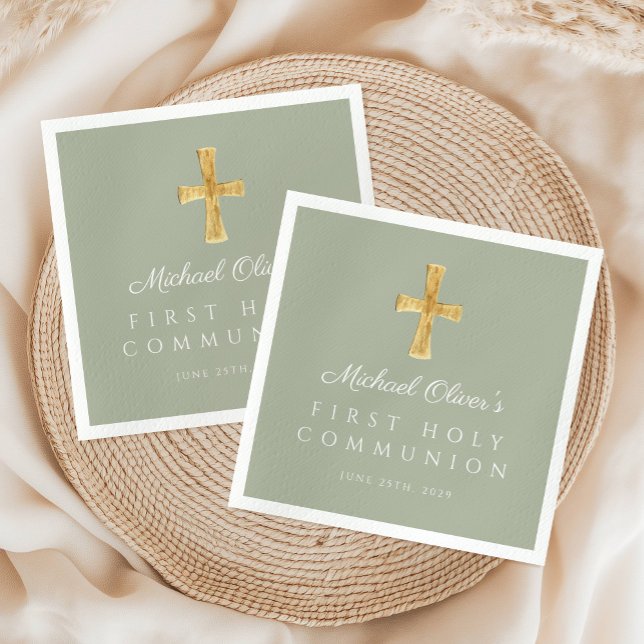 Elegant Sage Green Cross Erste Kommune Serviette (Elegant Sage Green Cross First Communion Napkins)