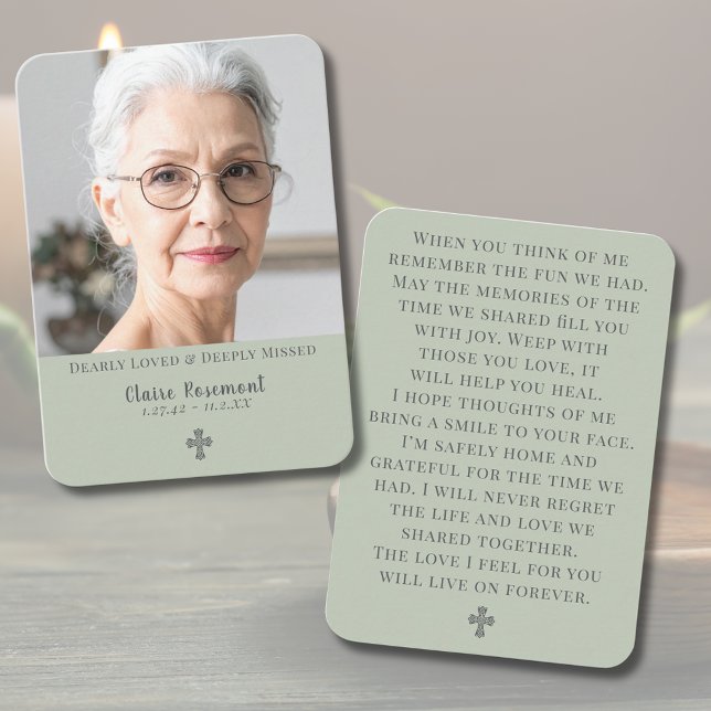 Elegant Sage Green Cross Funeral Prayer Card Visitenkarte (Elegant Sage Green Cross Funeral Prayer Card
)