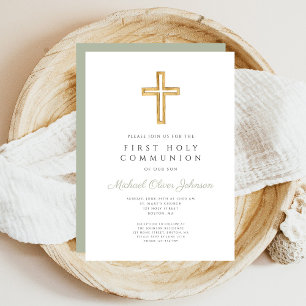 Elegant Sage Green Cross Religious First Communion Einladung