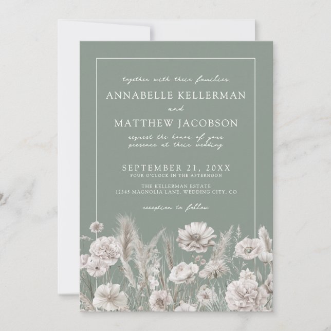 Elegant Sage Green Floral Boho Wedding Einladung (Vorderseite)