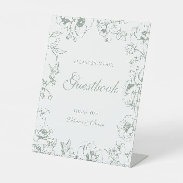 Elegant Sage Green Floral Wedding Guestbook Sockelschild (Vorderseite)