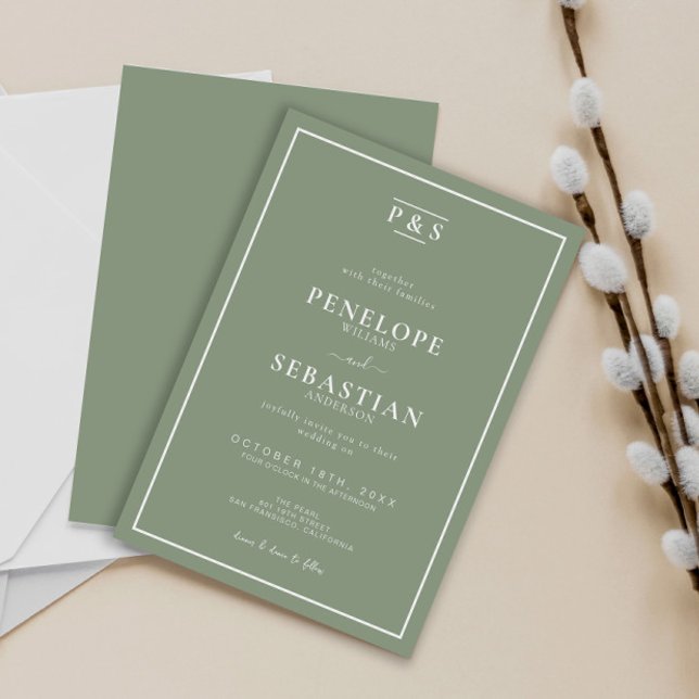 Elegant Sage Green Formal Monogram Wedding  Einladung (Von Creator hochgeladen)