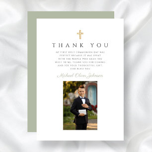Elegant Sage Green Foto Boy First Communion Dankeskarte