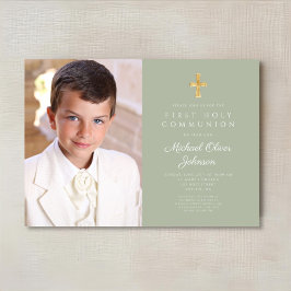 Elegant Sage Green Foto Boy First Communion Einladung