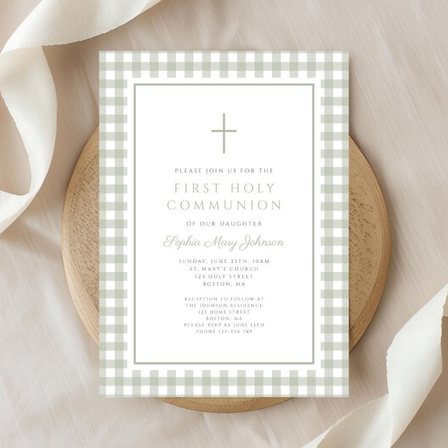 Elegant Sage Green Gingham Girl First Communion Einladung (Elegant Sage Green Gingham Girl First Communion Invitation)