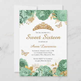 Elegant Sage Green Gold Floral Sweet 16 Sechzehn Einladung