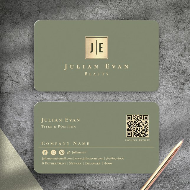 Elegant Sage Green Gold Professional Monogram Visitenkarte (Elegant Sage Green Gold Professional Monogram Business Card)