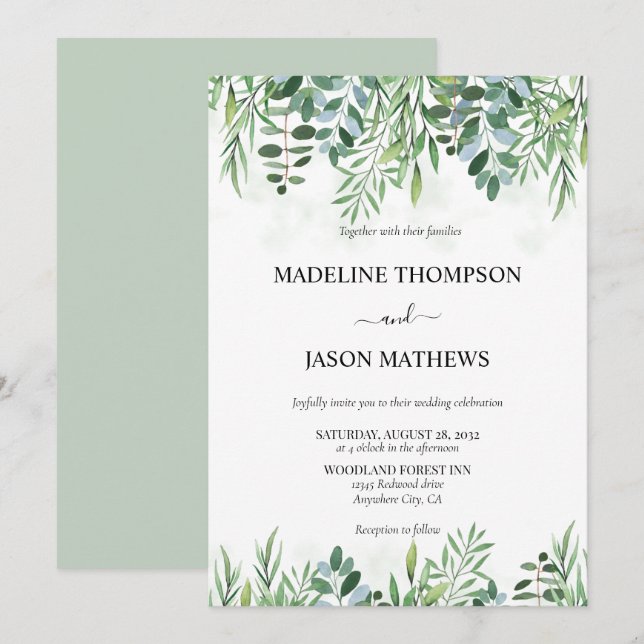 Elegant Sage Green Greenery Eucalyptus Wedding Einladung (Vorne/Hinten)