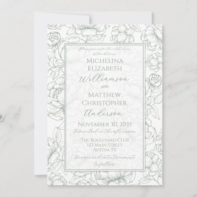 Elegant Sage Green Hand-Drawn Floral Wedding  Invi Einladung (Vorderseite)