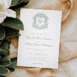 Elegant Sage Green Monogram Crest Wedding Einladung