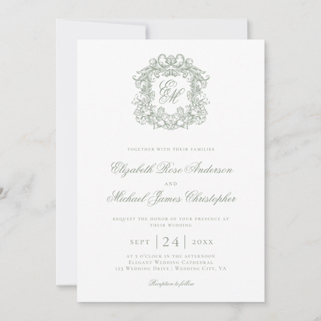 Elegant Sage Green Monogram Crest Wedding Einladung (Vorderseite)
