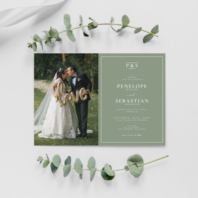 Elegant Sage Green Monogram Formal Photo Wedding Einladung (Von Creator hochgeladen)