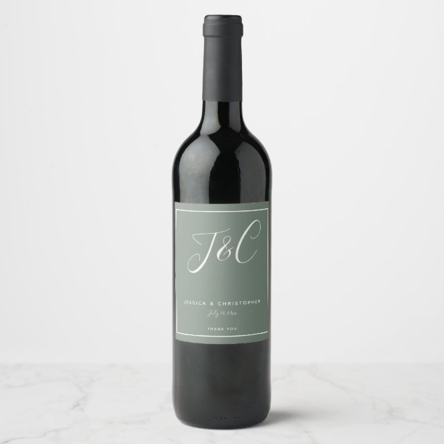 Elegant Sage Green Monogram Initials Wedding Weinetikett (Vorderseite)