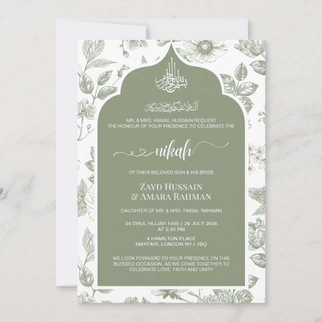 Elegant Sage Green Nikah Einladung | Liniengrafike (Vorderseite)