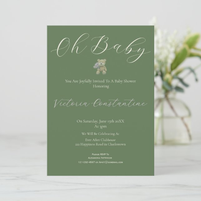 Elegant Sage Green Oh Baby Bear Shower Invitation Einladung (Stehend Vorderseite)