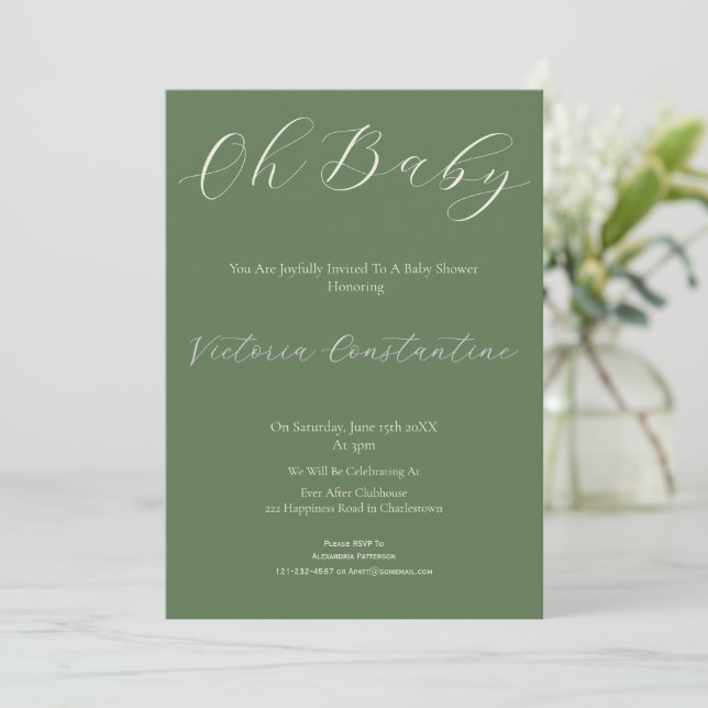 Elegant Sage Green Oh Baby Shower Invitation Einladung (Stehend Vorderseite)