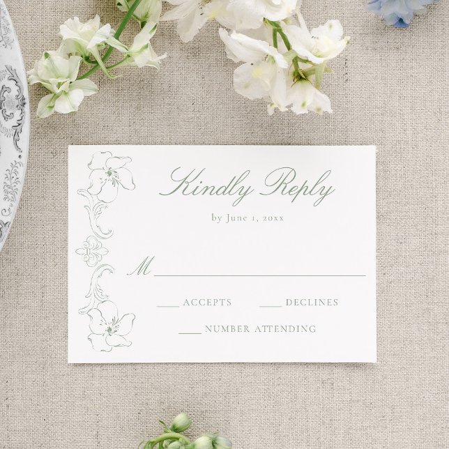 Elegant Sage Green Ornate Floral Frame Wedding RSVP Karte (Von Creator hochgeladen)