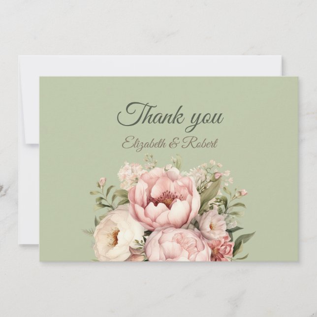 Elegant Sage Green Peony Floral Thank You Card Dankeskarte (Vorderseite)