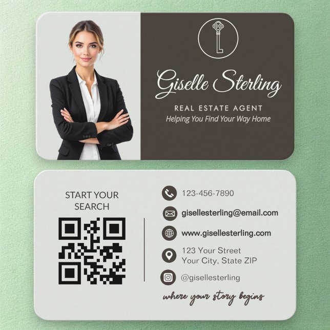 Elegant Sage Green Photo Real Estate Agent QR Code Visitenkarte (Von Creator hochgeladen)