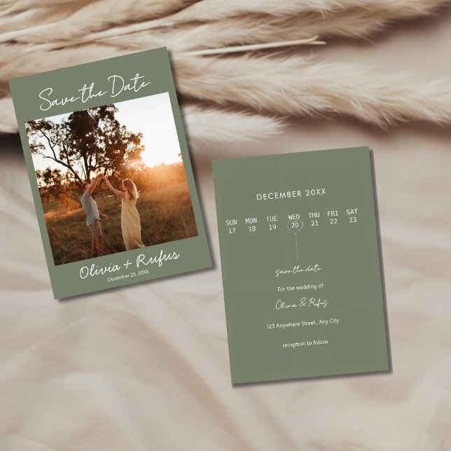 Elegant Sage Green Photo Save the Date Card (Von Creator hochgeladen)